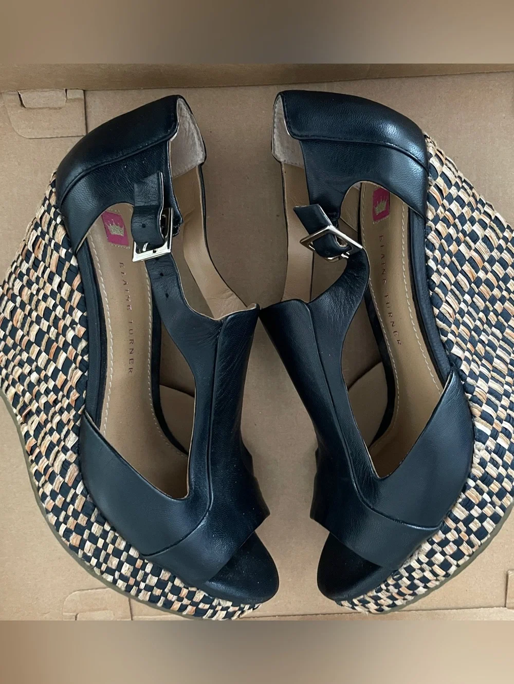 Elaine Turner Julia wedges in black leather with an optic basket weave pattern